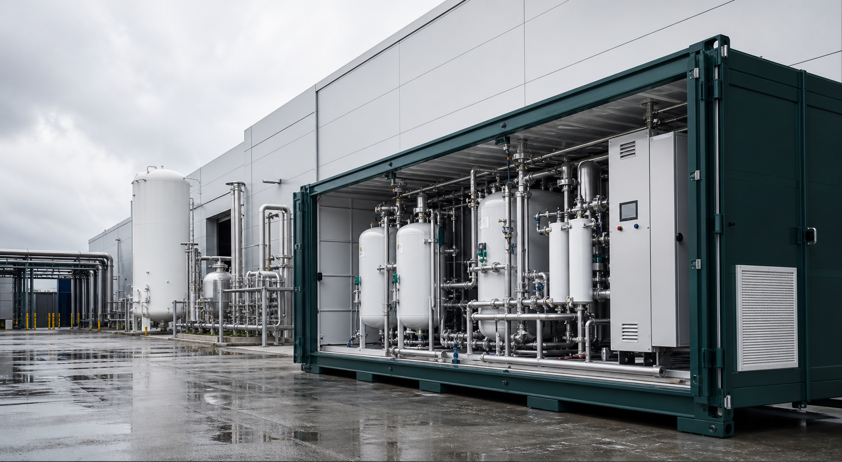 Containerized on-site gas generation system installed beside an industrial facility